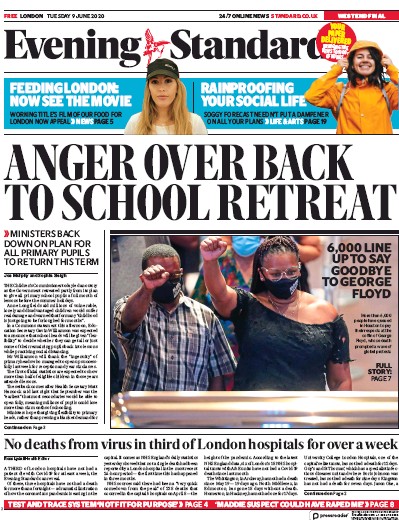London Evening Standard Newspaper Front Page (UK) for 10 June 2020