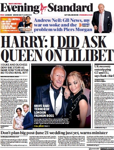 London Evening Standard Newspaper Front Page (UK) for 10 June 2021