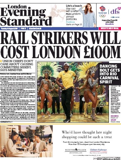 London Evening Standard Newspaper Front Page (UK) for 10 August 2016