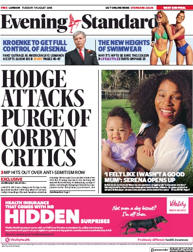 London Evening Standard Newspaper Front Page (UK) for 10 August 2018
