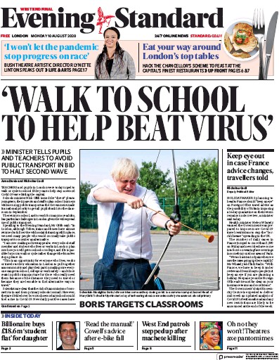 London Evening Standard Newspaper Front Page (UK) for 10 August 2020