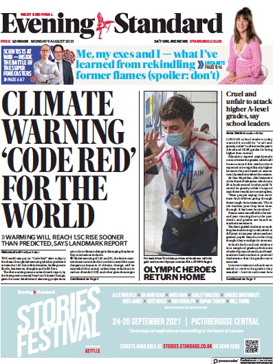 London Evening Standard Newspaper Front Page (UK) for 10 August 2021