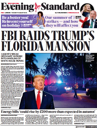 London Evening Standard Newspaper Front Page (UK) for 10 August 2022