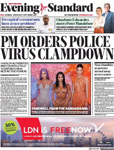 London Evening Standard Newspaper Front Page (UK) for 10 September 2020