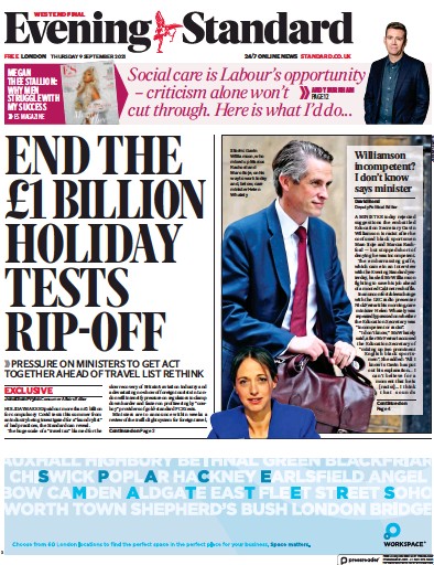 London Evening Standard Newspaper Front Page (UK) for 10 September 2021