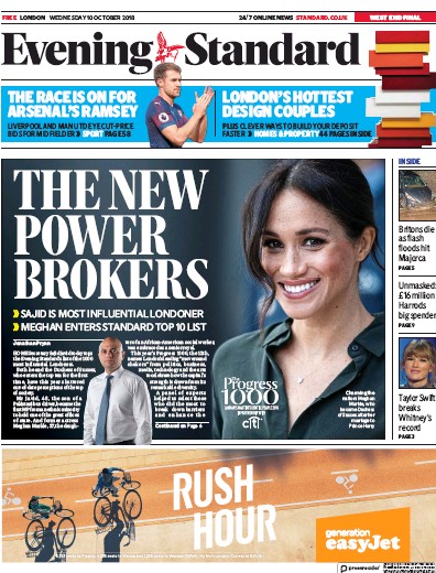 London Evening Standard Newspaper Front Page (UK) for 11 October 2018