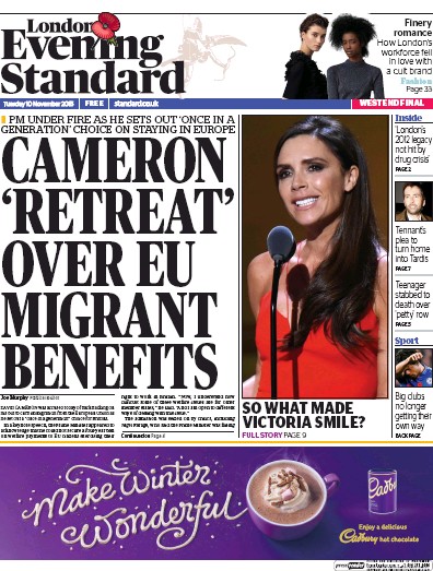 London Evening Standard Newspaper Front Page (UK) for 11 November 2015