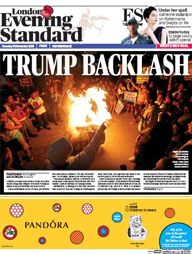 London Evening Standard Newspaper Front Page (UK) for 11 November 2016