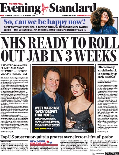 London Evening Standard Newspaper Front Page (UK) for 11 November 2020