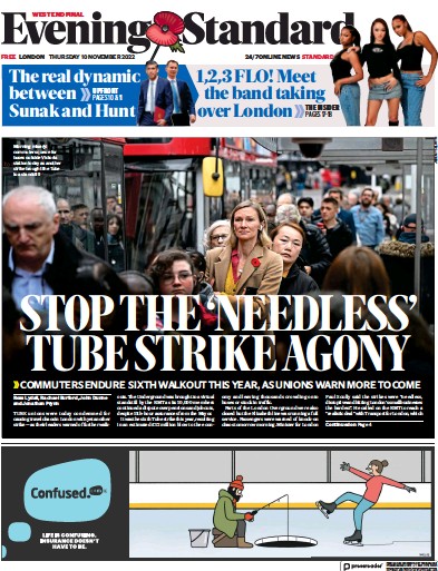 London Evening Standard Newspaper Front Page (UK) for 11 November 2022