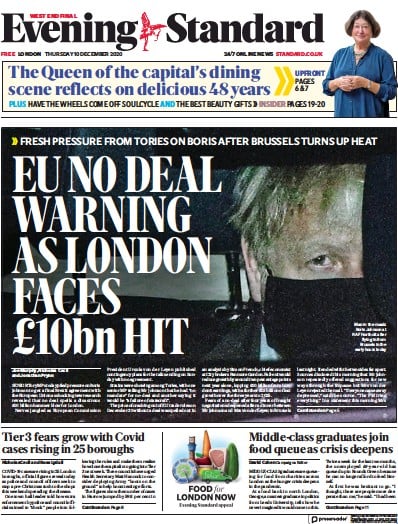 London Evening Standard Newspaper Front Page (UK) for 11 December 2020