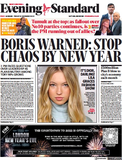 London Evening Standard Newspaper Front Page (UK) for 11 December 2021