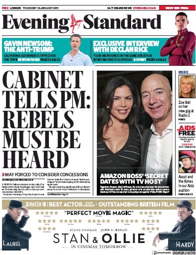 London Evening Standard Newspaper Front Page (UK) for 11 January 2019