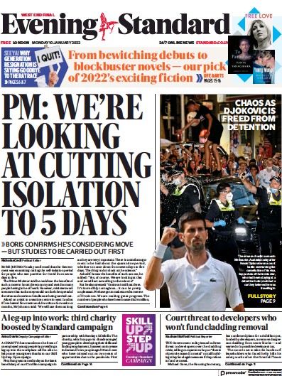 London Evening Standard Newspaper Front Page (UK) for 11 January 2022