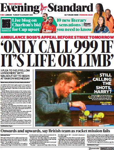 London Evening Standard Newspaper Front Page (UK) for 11 January 2023