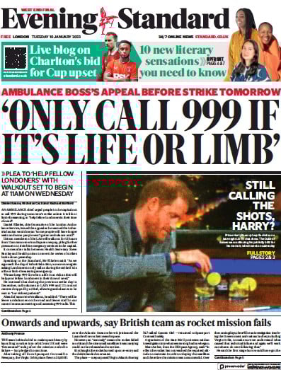 London Evening Standard Newspaper Front Page (UK) for 11 January 2023