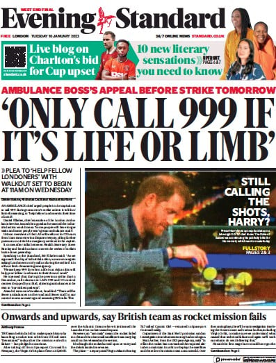 London Evening Standard Newspaper Front Page (UK) for 11 January 2023