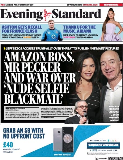 London Evening Standard Newspaper Front Page (UK) for 11 February 2019