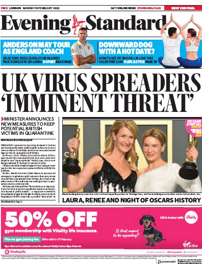 London Evening Standard Newspaper Front Page (UK) for 11 February 2020