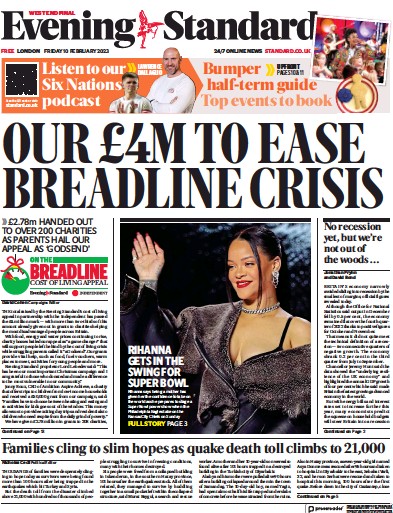 London Evening Standard Newspaper Front Page (UK) for 11 February 2023