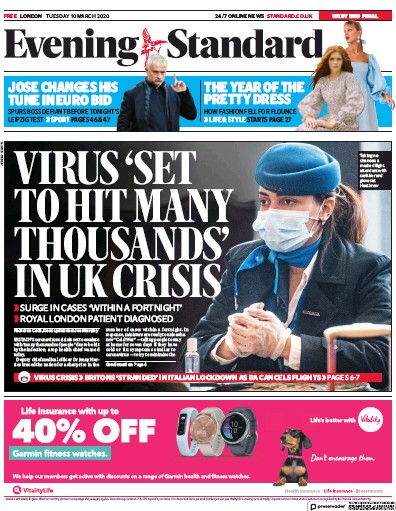 London Evening Standard Newspaper Front Page (UK) for 11 March 2020