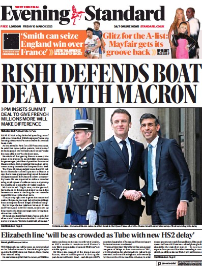 London Evening Standard Newspaper Front Page (UK) for 11 March 2023