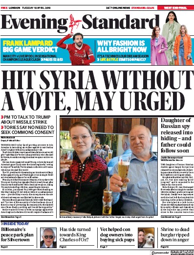 London Evening Standard Newspaper Front Page (UK) for 11 April 2018