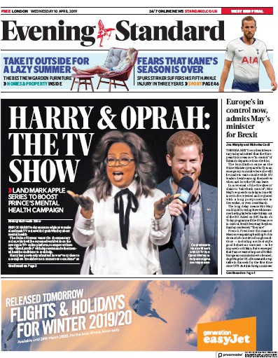 London Evening Standard Newspaper Front Page (UK) for 11 April 2019