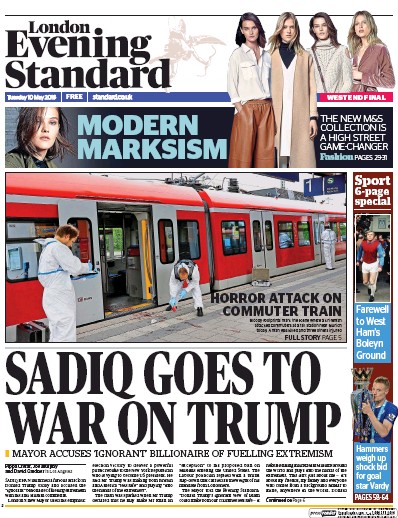 London Evening Standard Newspaper Front Page (UK) for 11 May 2016