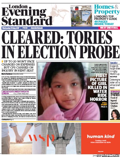 London Evening Standard Newspaper Front Page (UK) for 11 May 2017