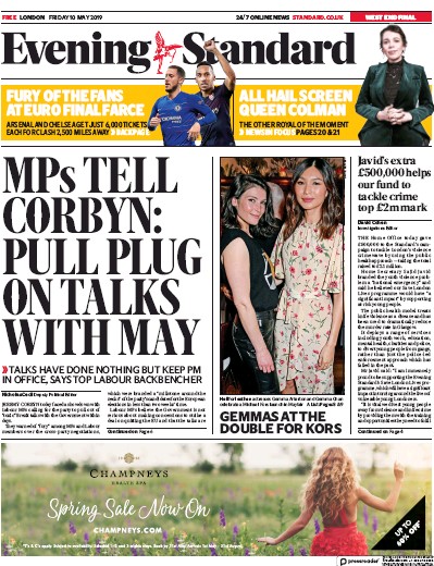London Evening Standard Newspaper Front Page (UK) for 11 May 2019