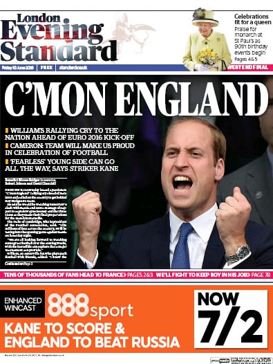 London Evening Standard Newspaper Front Page (UK) for 11 June 2016