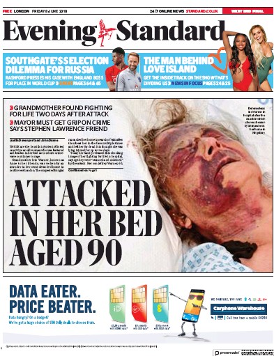 London Evening Standard Newspaper Front Page (UK) for 11 June 2018