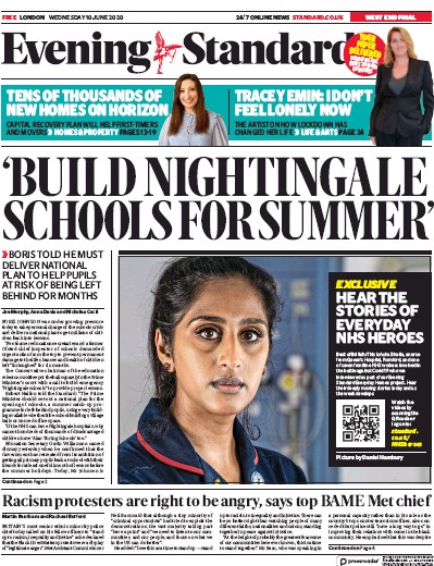London Evening Standard Newspaper Front Page (UK) for 11 June 2020