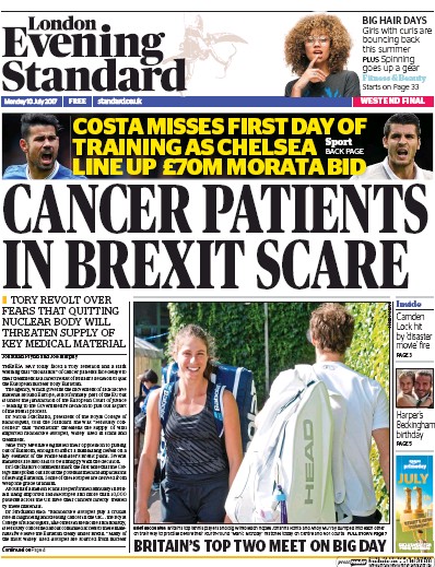 London Evening Standard Newspaper Front Page (UK) for 11 July 2017