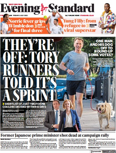 London Evening Standard Newspaper Front Page (UK) for 11 July 2022