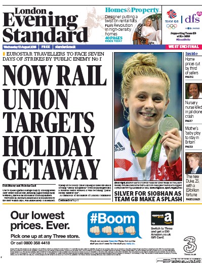 London Evening Standard Newspaper Front Page (UK) for 11 August 2016