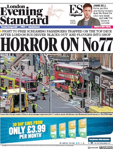 London Evening Standard Newspaper Front Page (UK) for 11 August 2017