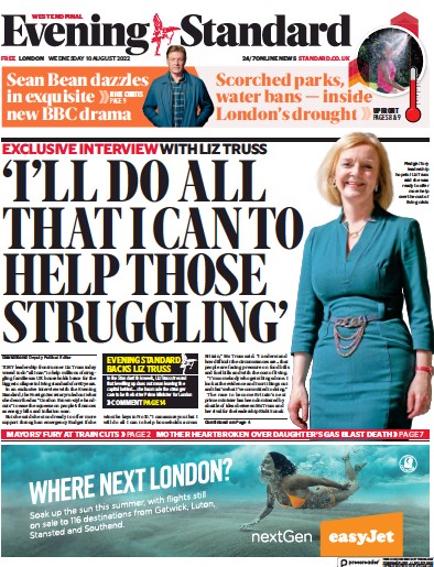 London Evening Standard Newspaper Front Page (UK) for 11 August 2022