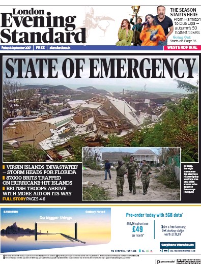 London Evening Standard Newspaper Front Page (UK) for 11 September 2017