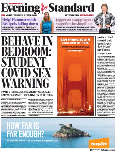 London Evening Standard Newspaper Front Page (UK) for 11 September 2020