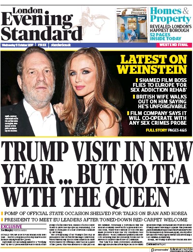 London Evening Standard Newspaper Front Page (UK) for 12 October 2017