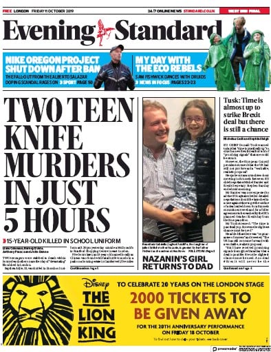 London Evening Standard Newspaper Front Page (UK) for 12 October 2019