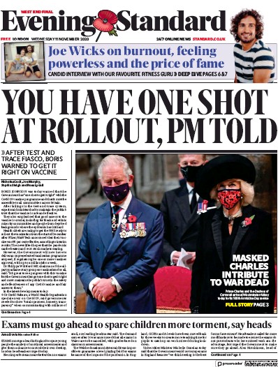 London Evening Standard Newspaper Front Page (UK) for 12 November 2020