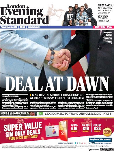 London Evening Standard Newspaper Front Page (UK) for 12 December 2017