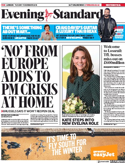 London Evening Standard Newspaper Front Page (UK) for 12 December 2018