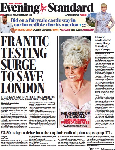 London Evening Standard Newspaper Front Page (UK) for 12 December 2020