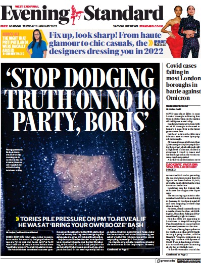 London Evening Standard Newspaper Front Page (UK) for 12 January 2022