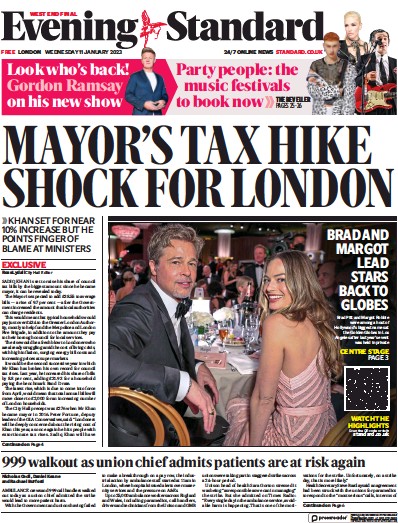 London Evening Standard Newspaper Front Page (UK) for 12 January 2023