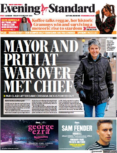 London Evening Standard Newspaper Front Page (UK) for 12 February 2022